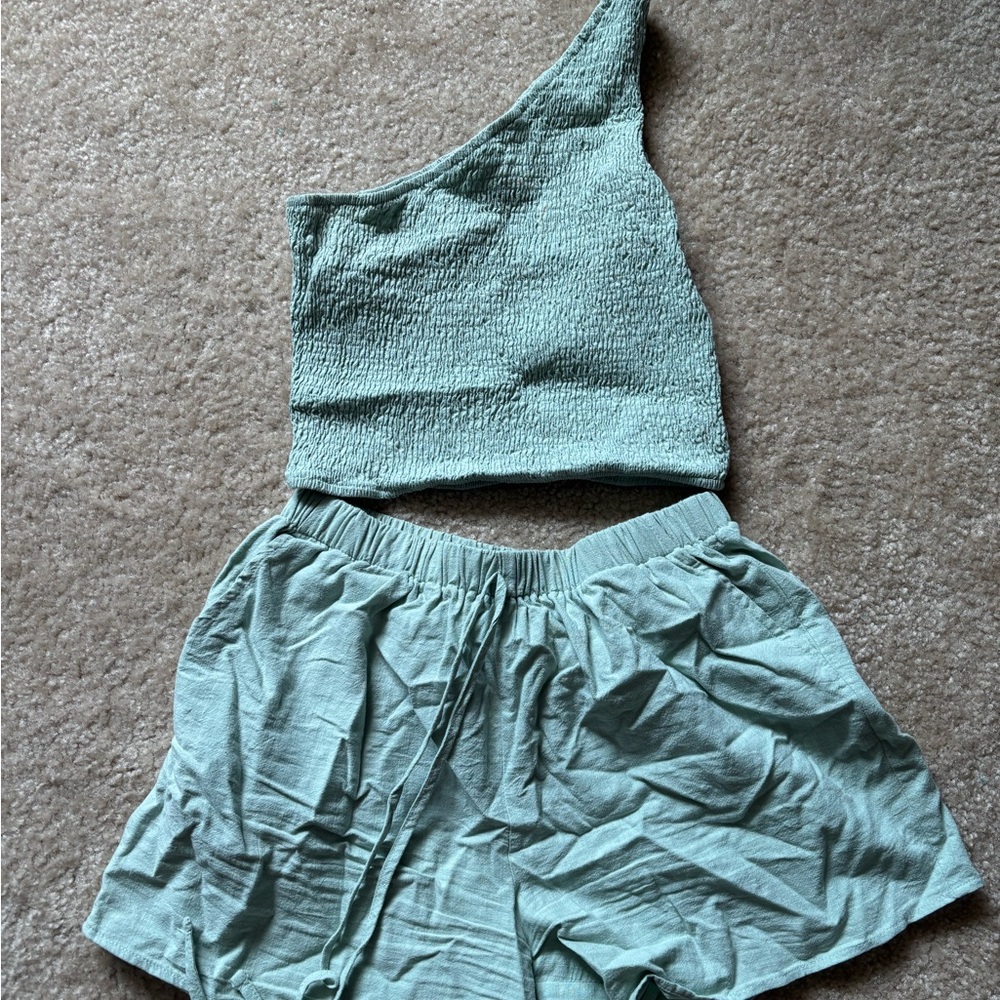 One-Shoulder Textured Top and Shorts Set
